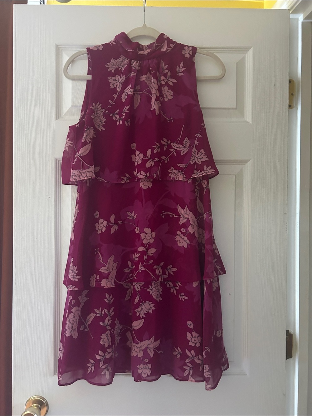 Dkny Magenta Floral Tiered Sleeveless Dress